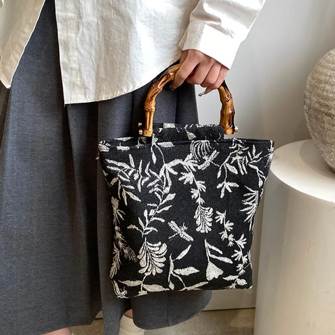 Sac À Main En Toile Vintage Avec Poignée En Bambou Grand Sac Cabas Imprimé Floral Botanique Style Rétro Femme