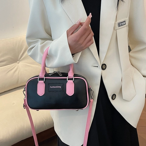 Borsa A Mano Boston Pelle PU Colore A Contrasto Borsa A Tracolla Piccola Stile Scatola Retrò Per Donne