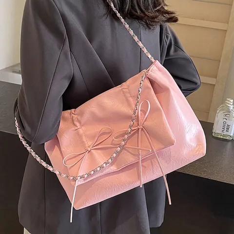 Große Kapazität Tote Tasche Für Damen Plissee PU Leder Mit Schleife Dekoration Und Kettenriemen Pendler Schultertasche Glänzend