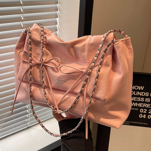 Große Kapazität Tote Tasche Für Damen Plissee PU Leder Mit Schleife Dekoration Und Kettenriemen Pendler Schultertasche Glänzend