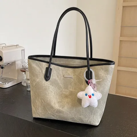 Sac Cabas Grande Capacité Cuir PU Texture Marbre Vintage Sac À Main Navette Avec Pendentif Étoile En Peluche