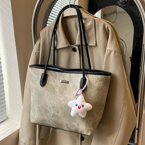 Sac Cabas Grande Capacité Cuir PU Texture Marbre Vintage Sac À Main Navette Avec Pendentif Étoile En Peluche
