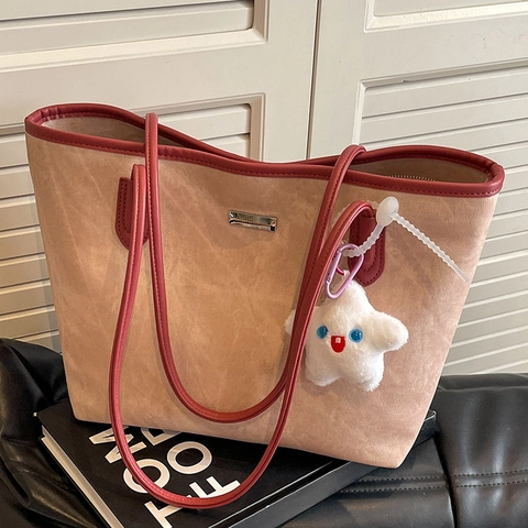 Large Capacity Tote Bag PU Leather Marble Texture Vintage Commuting Handbag With Star Plush Pendant