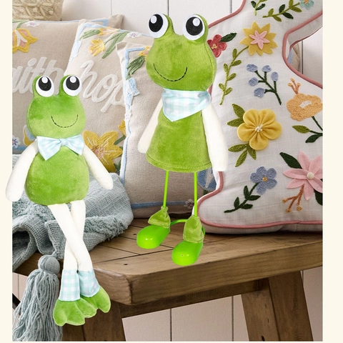Cute Green Frog Plush Doll With Long Legs Plaid Bow Decoration Sitting Standing Cartoon Animal Figurine For Home Decor