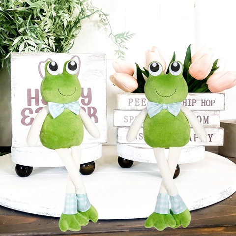 Cute Green Frog Plush Doll With Long Legs Plaid Bow Decoration Sitting Standing Cartoon Animal Figurine For Home Decor