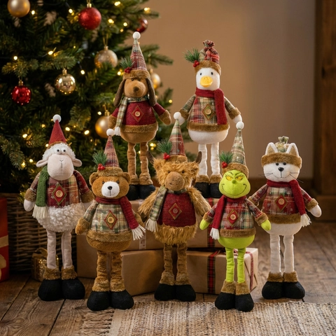 Christmas Telescopic Plush Doll Standing Reindeer Bear Sheep Cow Duck Cat Green Monster Festive Home Decor Ornament