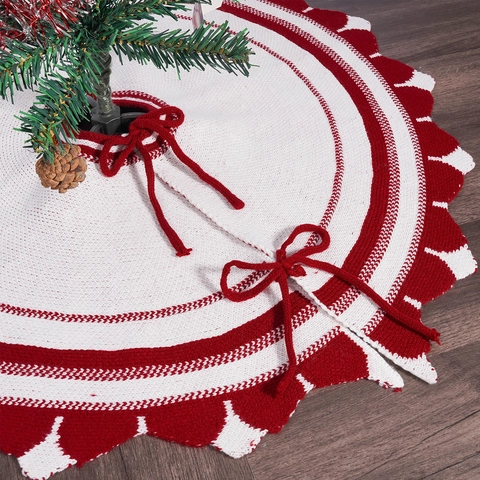 Knitted Christmas Tree Skirt Red White Striped Scalloped Edge With Ribbon Ties Holiday Party Decor