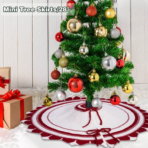 Knitted Christmas Tree Skirt Red White Striped Scalloped Edge With Ribbon Ties Holiday Party Decor