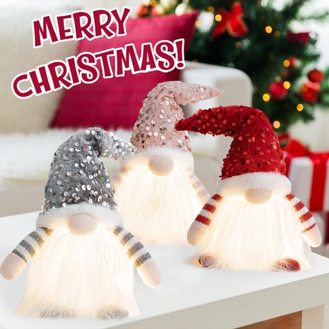 Gnomo Di Natale Luminoso Led Cappello Di Paillettes Bambola Senza Volto Ornamento Di Peluche Barba In Pelliccia Sintetica