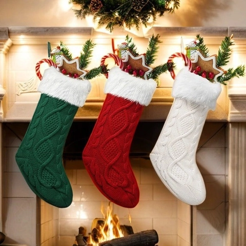 Calze Di Natale In Maglia Torsadata Con Polsini In Peluche Sacco Regalo Appeso Decorazione Per Camino Acrilico