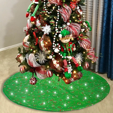 Green Christmas Tree Skirt With Sequin Spiral Pattern Festive Tree Apron Round Holiday Base Decoration Hook And Loop Closure