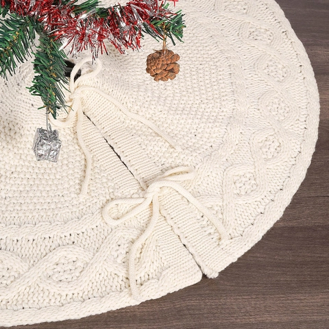 Knitted Christmas Tree Skirt Acrylic Cable Knit Round Ivory White Holiday Party Home Decoration