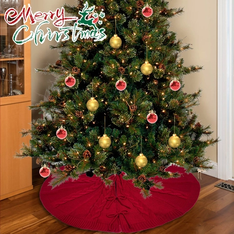 Jupe De Sapin De Noël Acrylique Tricot Torsadé Noeuds Décoratifs Couvre Base Arbre Ornement Style Traditionnel Rouge