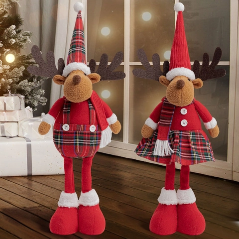 Weihnachts Rentier Plüschpuppen Karierter Stoff Gestrickt Stehende Rentier Ornamente Für Desktop Feiertag Haus Deko