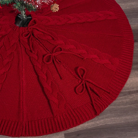 Jupe De Sapin De Noël Acrylique Tricot Torsadé Noeuds Décoratifs Couvre Base Arbre Ornement Style Traditionnel Rouge