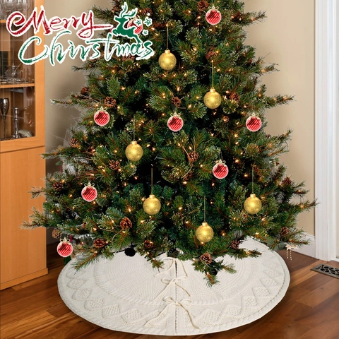 Knitted Christmas Tree Skirt Acrylic Cable Knit Round Ivory White Holiday Party Home Decoration