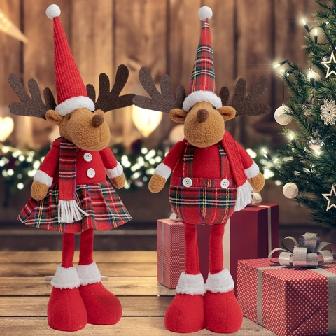 Weihnachts Rentier Plüschpuppen Karierter Stoff Gestrickt Stehende Rentier Ornamente Für Desktop Feiertag Haus Deko
