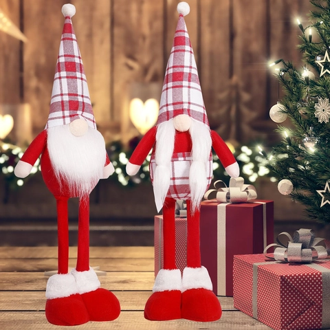Gnomo Di Natale A Gambe Lunghe Tomte Scandinavo Peluche Cappello A Quadri Rosso Bianco Bambola In Piedi Per Decorazione Della Casa