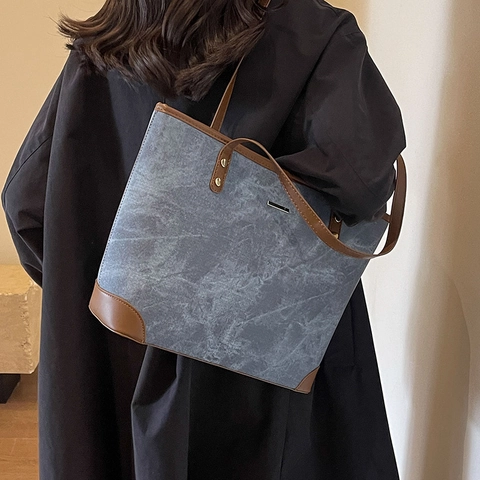 Große Kapazität Tote Bag PU Leder Marmor Textur Kontrastbesatz Schulter Handtasche Für Damen Alltag Arbeit