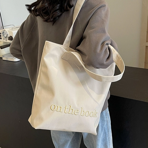 Aesthetic Canvas Tote Bag Large Capacity For Women School Commute Letter Embroidery Fashion Handbag Versatile-Style
