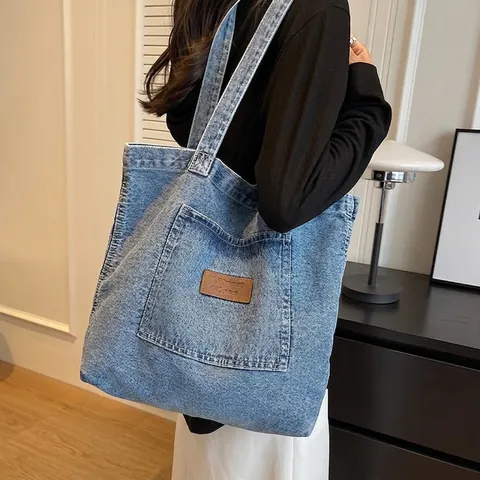 Grand Sac Fourre-Tout En Jean Vintage Bleu Délavé Sac À Main Épaule Décontracté Style Collège Pour Femmes