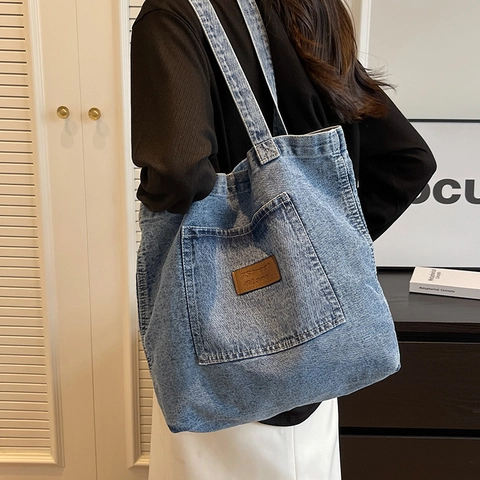 Grand Sac Fourre-Tout En Jean Vintage Bleu Délavé Sac À Main Épaule Décontracté Style Collège Pour Femmes