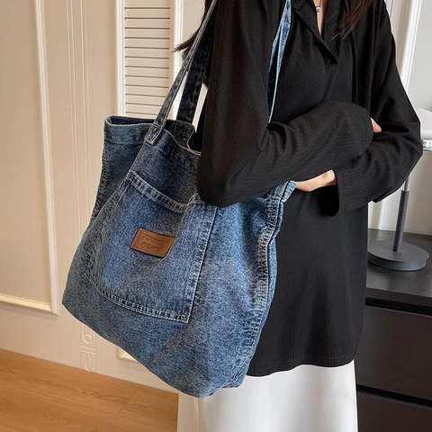 Große Kapazität Denim Tote Bag Vintage Washed Blue Schulterhandtasche Lässig Pendler College Stil Für Frauen