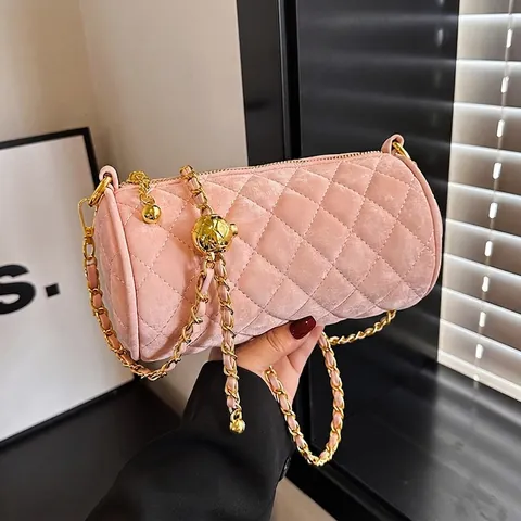 Gewatteerde Cilindrische Schoudertas PU Leer Fluwelen Textuur Crossbody Ketting Handtas Verstelbare Metalen Bal Dames