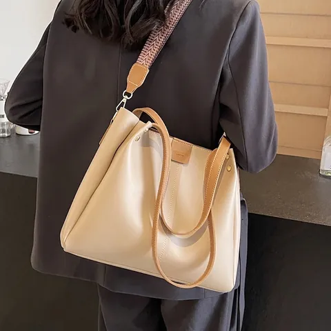 Large Capacity Tote Bag PU Leather Handbag With Detachable Wide Woven Strap Commuter Shoulder Bag For Women