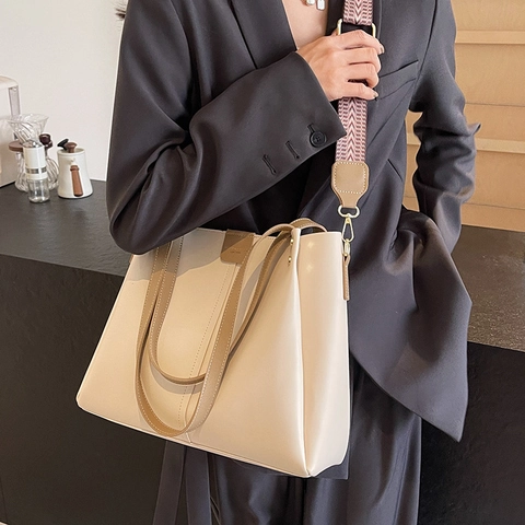 Large Capacity Tote Bag PU Leather Handbag With Detachable Wide Woven Strap Commuter Shoulder Bag For Women
