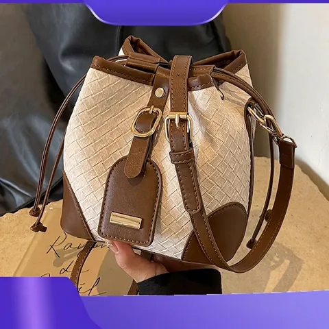 Koreanischer Stil Gewebte PU Leder Beuteltasche Kordelzug Umhängetasche Handtasche Für Damen Vintage Einfach