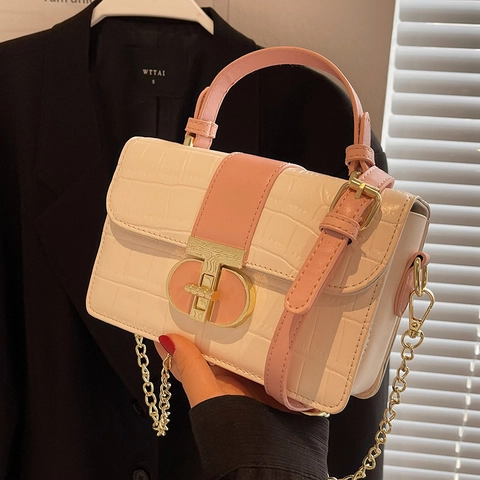 Women Crossbody Bag Crocodile Pattern PU Leather Handbag With Gold Chain Strap And Metal Lock Small Square Shoulder Bag