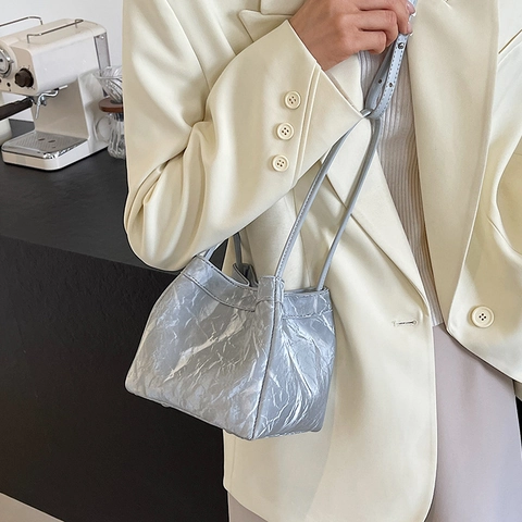Mini Eimer Tasche Damen PU Leder Falten Textur Umhängetasche Handtasche Nische Design