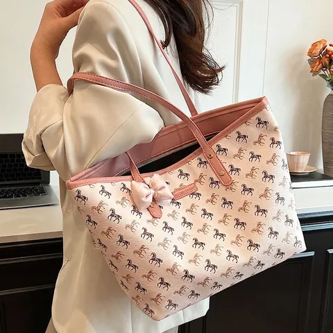 Borsa Tote Capiente In Pelle PU Stampa Cavalli Con Fiocco Per Donne Pendolari Ufficio Studenti Stile Elegante