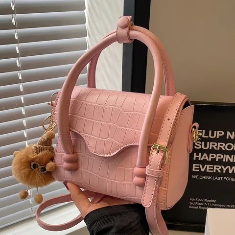 Women Crocodile Pattern PU Leather Handbag Fashion Top Handle Crossbody Shoulder Bag With Plush Bear Pendant