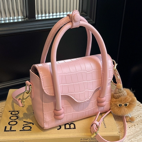 Women Crocodile Pattern PU Leather Handbag Fashion Top Handle Crossbody Shoulder Bag With Plush Bear Pendant