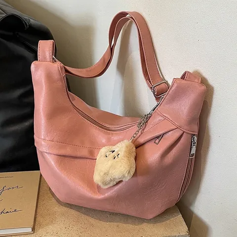 Borsa Hobo In Pelle PU Grande Capacità Retro Minimalista Mezzaluna Borsa A Tracolla Con Ciondolo In Peluche