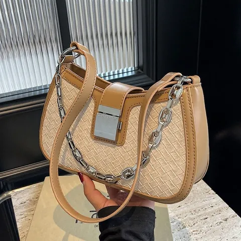 Elegante Damen Unterachseltasche PU Leder Webstruktur Silberkette Schultertasche Hobo Chic Nische Elegant Schnalle