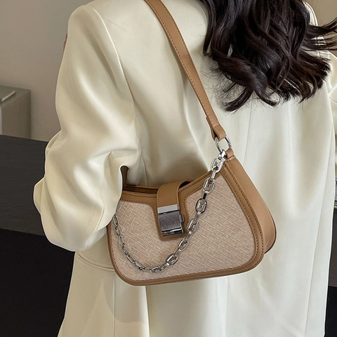 Elegante Damen Unterachseltasche PU Leder Webstruktur Silberkette Schultertasche Hobo Chic Nische Elegant Schnalle