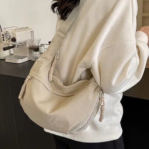 Women Nylon Hobo Bag Large Capacity Crescent Crossbody Bag With Braided Zipper Puller Casual Retro Shoulder Bag