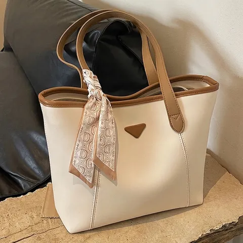 Women Large Capacity Tote Bag PU Leather Shoulder Bag With Scarf Decoration For Commute Casual Style Solid Color Handbag