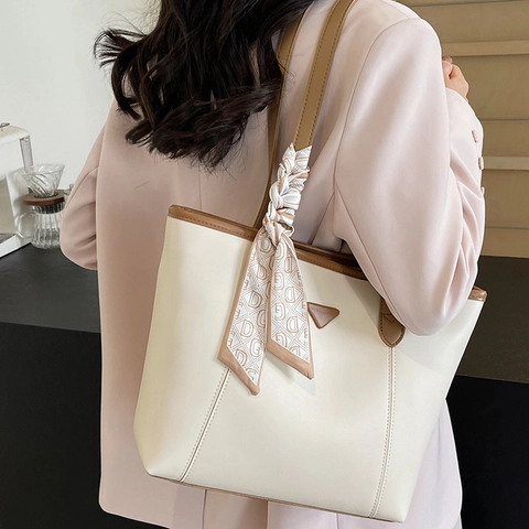 Women Large Capacity Tote Bag PU Leather Shoulder Bag With Scarf Decoration For Commute Casual Style Solid Color Handbag