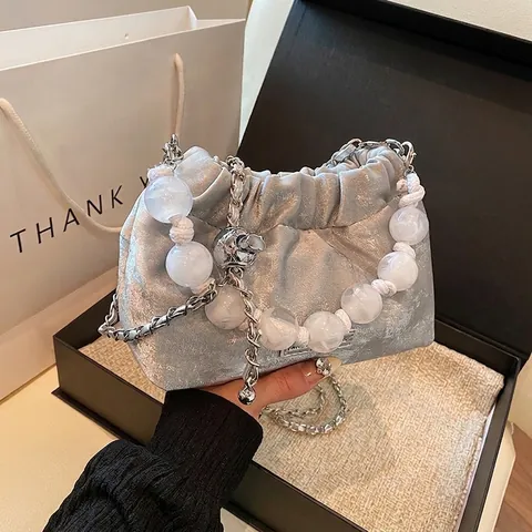 Ruched Cloud Bucket Bag PU Leather With Artificial Pearl Handle And Metal Chain Shoulder Strap Elegant Fashion For Women