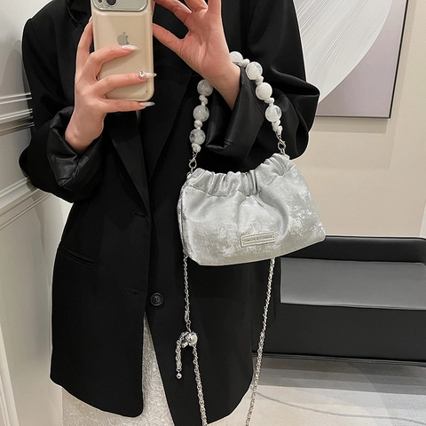 Ruched Cloud Bucket Bag PU Leather With Artificial Pearl Handle And Metal Chain Shoulder Strap Elegant Fashion For Women