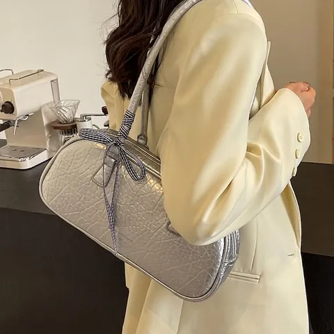 Borsa Sottobraccio Da Donna Pelle PU Trama Incrinata Grande Capacità Borsa A Mano Spalla Con Fiocco In Nastro A Rete Chic Urbano