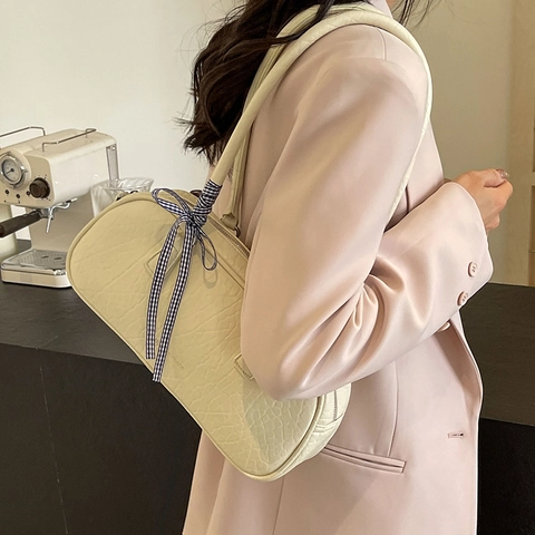 Borsa Sottobraccio Da Donna Pelle PU Trama Incrinata Grande Capacità Borsa A Mano Spalla Con Fiocco In Nastro A Rete Chic Urbano