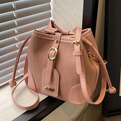 Bolso de Cubo de Moda para Mujer de Cuero PU con Textura Tejida y Cordón Bolso de Bandolera Versátil Minimalista Urbano