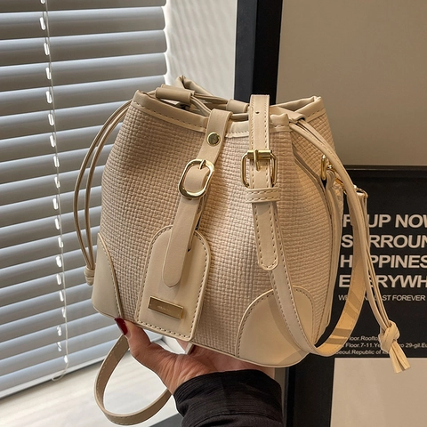 Bolso de Cubo de Moda para Mujer de Cuero PU con Textura Tejida y Cordón Bolso de Bandolera Versátil Minimalista Urbano