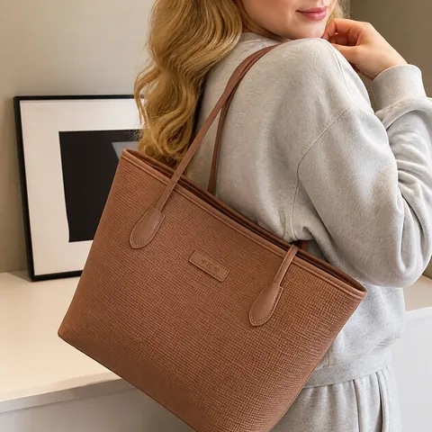 Women Large Capacity Tote Bag PU Leather Woven Texture Shoulder Bag Minimalist Casual Daily Work School Shopper Handbag