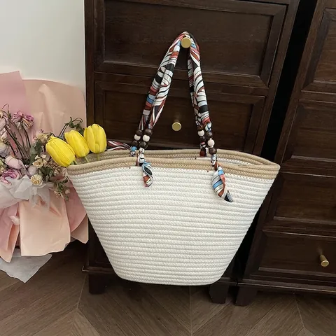 Stro Katoen Touw Geweven Tote Bag Satijnn Sjaal Handvat Houten Kralen Boheems Zomer Strand Vakantie Grote Capaciteit Schoudertas